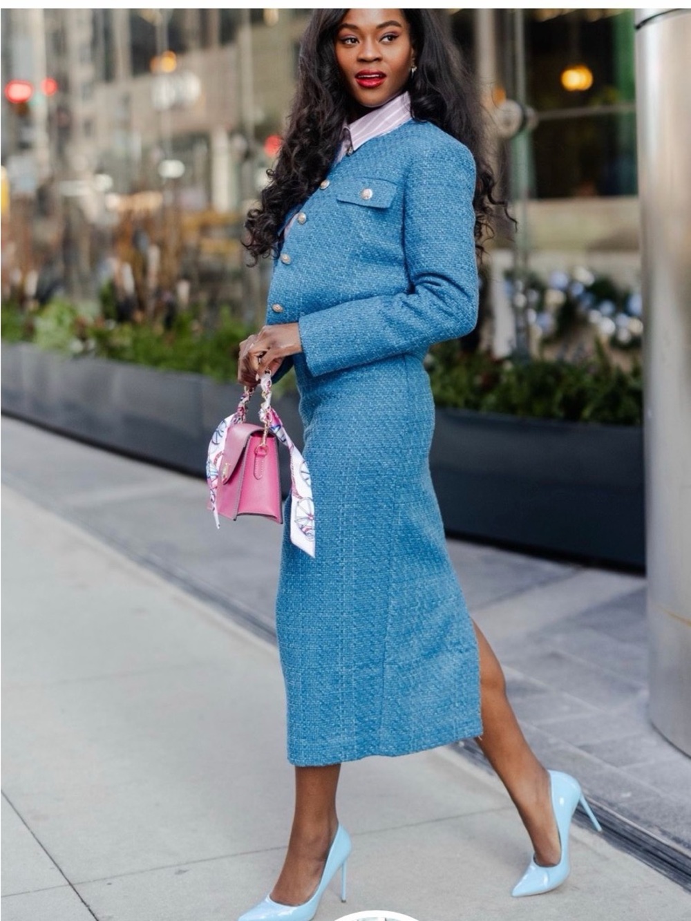 Ann Taylor Blue Tweed crop blazer with matching Midi Skirt.